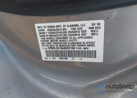 2010 Honda Odyssey Exl from USA, damaged, VIN 5FNRL3H76AB022198